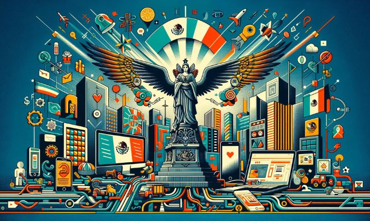 Varios elementos creados con inteligencia artificial que muestran la cultura mexicana actual y el crecimiento del ecommerce