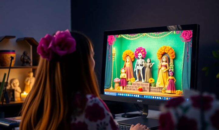 Imagen creada con IA que muestra una persona disfrutando de El Día de Muertos de forma digital