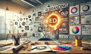 Imagen de IA que muestra los pasos para conseguir un buen rebranding de Marca, con un escritorio con elementos de diseño y una pantalla virtual de la que se muestra el renacimiento de la marca como una estela de luz.