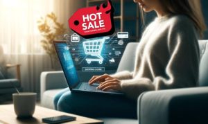 Mujer con laptop en las piernas mientras realiza compras, mostrando las expectativas de compra del Hot Sale para la edición 2024