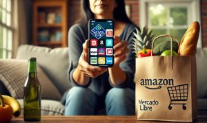 Imagen creada con IA que muestra una mujer en su sala sentada mostrando em móvil en el que se ven las Apps despensa a domicilio