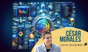 César Morales con el logo de Digitalina y una imagen creada con IA que muestra el uso de la Guía SEO 2024: optimiza el posicionamiento de tu web en buscadores