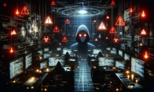 Imagen creada con IA que muestra un salón con computadoras y emojis de peligro con un encapuchado digital al fondo, marcando el tráfico online por bots