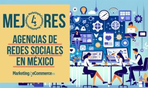 en una imagen creada por IA se muestran en animación una oficina en la que trabajan algunas personas en sus computadoras, representando el trabajo de las agencias de redes sociales en méxico