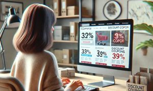 Imagen creada con IA que muestra a una usuaria de internet navegando por un eCommerce en el que se encuentran muchos cupones de descuento, representando su uso en México
