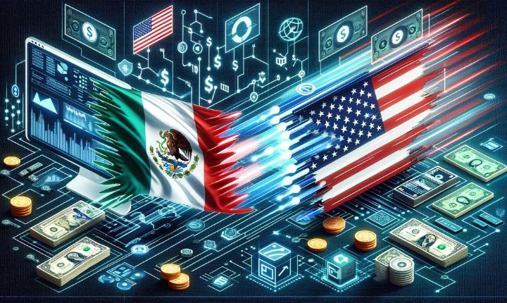 elementos digitales creados por IA que muestran dos banderas representando cómo enviar dinero méxico estados unidos