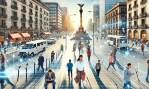 Imagen creada con IA que muestra una escena panorámica de una ciudad en México con torres en el fondo que hacen referencia a la conexión a internet; esto en referencia al ENDUTIH 2023.