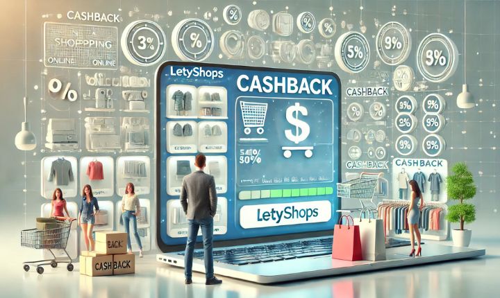 Imagen creada con IA que muestra el uso de Letyshops en México con una laptop en un mundo digital con personas mostrando la compra online