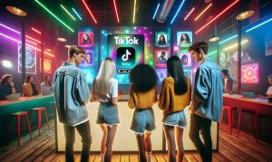 Imagen creada con IA en la que vemos a 5 jóvenes de espaldas frente a monitores digitales donde se ve el logo de TikTok; esto en referencia a la posibilidad de crear una campaña publicitaria en TikTok Ads.