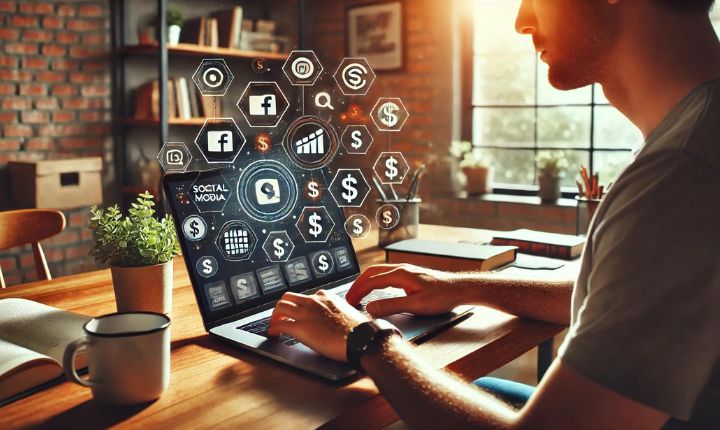 Imagen creada con IA en la que vemos a un chico tomando un curso de marketing online.