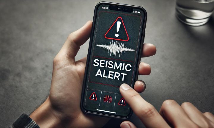 Imagen creada con IA que nos muestra una escena dramatizada de un usuario recibiendo una alerta sísmica en su celular a través del nuevo sistema Cell Broadcast.