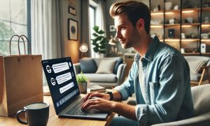 Imagen creada con IA que nos muestra a un adulto joven haciendo compras online durante el Buen Fin a través de chatbots en su laptop.