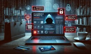 Imagen creada con IA que nos muestra una laptop con íconos y dibujos de un hacker al acecho; esto en referencia al aumento de ciberfraudes en México.