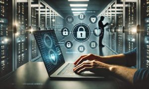 Imagen creada con IA que nos muestra un usuario utilizando su laptop en una habitación que almacena un servidor, con íconos referentes a la ciberseguridad en México.