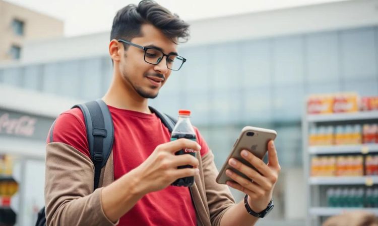 Imagen creada con IA que nos muestra a un chico en México comprando productos de Coca-Cola desde su smartphone.