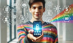 Imagen creada con IA en la que vemos a un chico de la comunidad LGBTIQ+ sosteniendo su celular, el cual muestra íconos que hacen alusión a la fintech Colors.