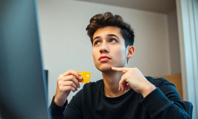 Imagen creada con IA que nos muestra a un consumidor mexicano decidiendo si gastar en una compra online, mientras sostiene su tarjeta de crédito frente a una computadora de escritorio.