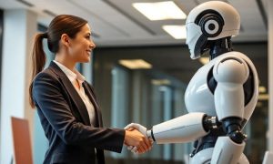 Imagen creada con IA que nos muestra a una ejecutiva de Creai, startup mexicana, saludándose con un androide; haciendo alusión al trabajo colaborativo con inteligencia artificial.