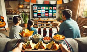 Imagen creada con IA que muestra una representación de las fiestas patrias en México, con una familia en una casa adornada con motivos mexicanos, y cenando platillos típicos viendo una pantalla con la CTV o televisión conectada.