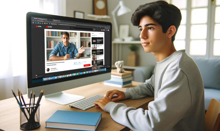 Imagen creada con IA en la que vemos a un chico mexicano sentado frente a su computadora de escritorio, viendo una serie de cursos en YouTube.
