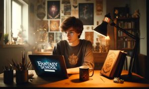 Imagen creada con IA en la que vemos a un fanático de Harry Potter navegando desde su laptop sobre artículos populares de la franquicia; esto en referencia al Día Internacional de Harry Potter.