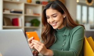 Imagen creada con IA que nos muestra a una mujer en México haciendo compras online desde su laptop mientras sostiene su DiDi Card.