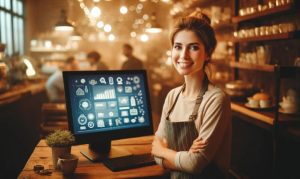 Imagen creada con IA en la que vemos a una emprendedora de una cafetería parada frente a un monitor de escritorio con íconos digitales; esto en referencia a la digitalización de PyMEs en México.