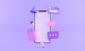 Sobre un fondo malva aparece un dibujo en 3d de un teléfono móvil violeta y lila del que emergen banners y notificaciones en tonos rosa, morado y lila