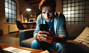 Imagen creada con IA que nos muestra a un joven usando su smartphone y con una expresión de preocupación en su rostro; esto aludiendo a la preocupación de los mexicanos hacia la información que recopilan los dispositivos electrónicos.