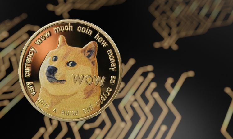 Sobre un fondo negro con circuitos dorados se ve una Dogecoin, la criptomoneda inspirada en Kabosu