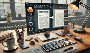 Imagen creada con IA en la que vemos la conversión de un PDF a archivo Word.