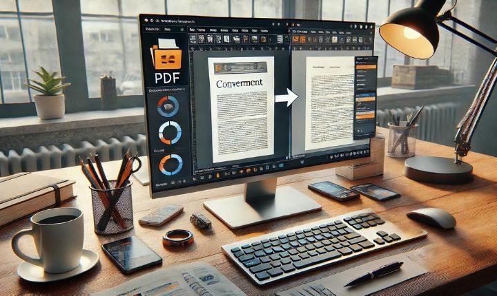 Imagen creada con IA en la que vemos la conversión de un PDF a archivo Word.