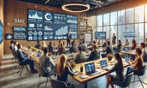Imagen creada con IA que nos muestra a varios empresarios reunidos en una sala, aprendiendo sobre herramientas digitales; en referencia al programa de Educación Digital en México de Kyndryl y la Secretaría de Economía.