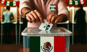 Imagen creada con IA en la que vemos a un hombre mexicano depositando su voto en una urna, esto durante las Elecciones México 2024.