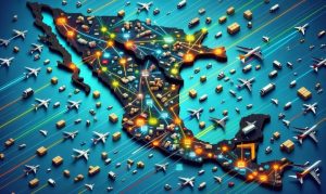 Imagen creada con IA que hace alusión a las rutas aéreas en México para facilitar envíos de eCommerce; esto en referencia a las rutas aéreas que implementará FedEx.
