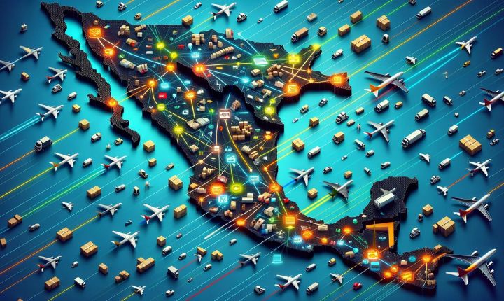 Imagen creada con IA que hace alusión a las rutas aéreas en México para facilitar envíos de eCommerce; esto en referencia a las rutas aéreas que implementará FedEx.
