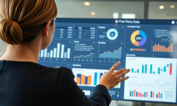 Imagen creada con IA que nos muestra un plano escorzo de una mujer empresaria analizando first-party-data desde un monitor.