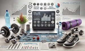 Imagen creada con IA en la que vemos artículos deportivos fitness (pesas, tapetes, sneakers) junto a una laptop que muestra métricas e íconoces que hacen alusión a campañas digitales.