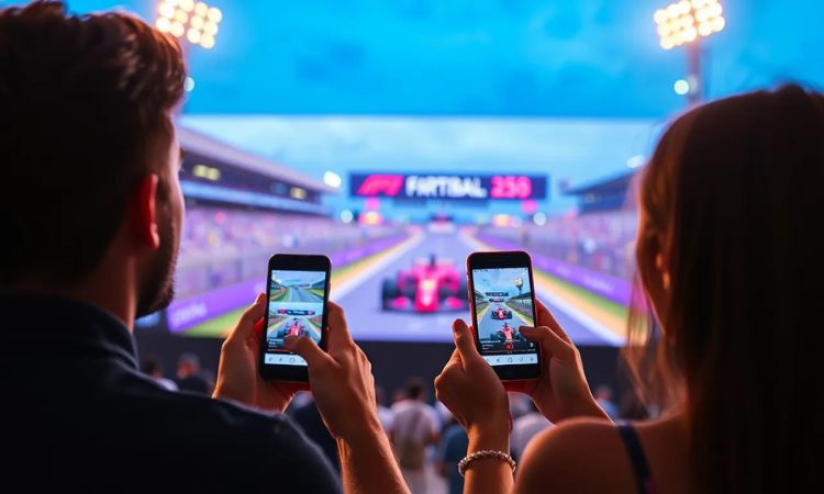 Imagen creada con IA que nos muestra a dos usuarios disfrutando la carrera de la Fórmula 1 en México, mientras graban con sus celulares para compartir en social media.