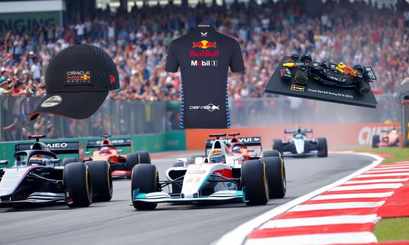 Imagen creada con IA de un estadio de carreras de Fórmula 1, con artículos más vendidos online de la colección de Checo Pérez.