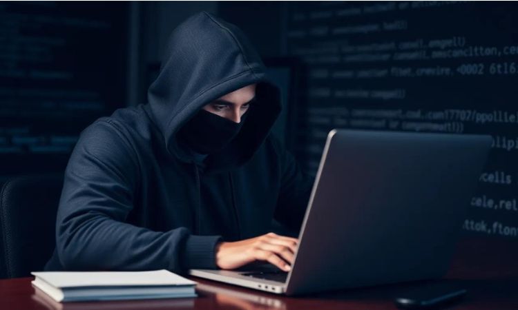 Imagen creada con IA que nos muestra a un estafador con capucha llevando a cabo un fraude en fintech desde su laptop.
