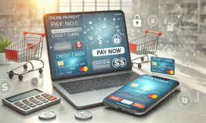 Imagen creada con IA que nos muestra una laptop procesando un pago online; en referencia a la llegada de FreedomPay a México.