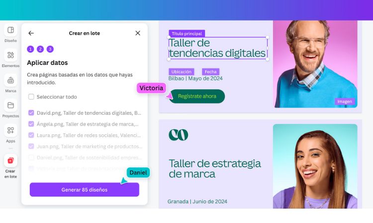 Vista de la nueva función "Crear en lote" de Canva