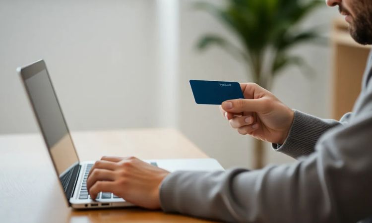 Imagen creada con IA que nos muestra a un hombre pagando online desde su laptop, mediante la integración de Getnet SEP.