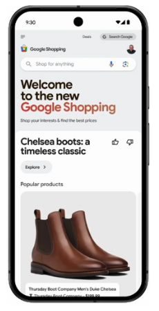 Un teléfono móvil muestra la pantalla de inicio de Google Shopping y su feed personalizado