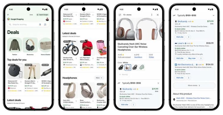 Cuatro teléfonos móviles muestran las ofertas personalizadas de Google Shopping
