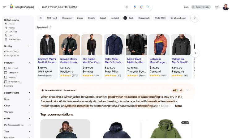 Vista del renovado Google Shopping. Muestra un resumen de IA y listados de productos recomendados