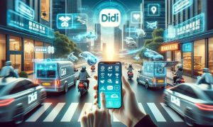 Imagen creada con IA en la que vemos a una ciudad llena de coches y motos de DiDi, la app de movilidad; esto en referencia a su historia en México y el mundo.
