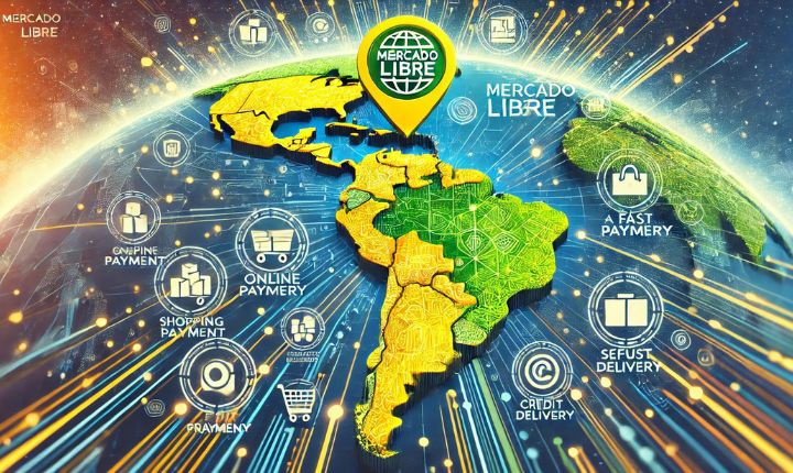 Imagen creada con IA que nos muestra la región latinoamericana pintada en amarillo y verde, con el logo y nombre de Mercado Libre resaltando, en alusión a su historia.