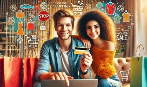 Imagen creada con IA que nos muestra a una chica y un chico comprando en el Hot Fashion 2024, desde una laptop.